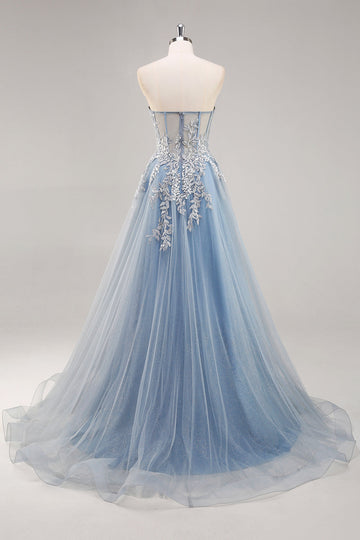 A Line Strapless Sheer Corset Beaded Dusty Blue Long Prom Dress with Slit